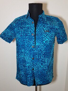 Tanoa Boys 14 Blue Samoa Polynesian Tribal Button Up Short Sleeve Shirt Island
